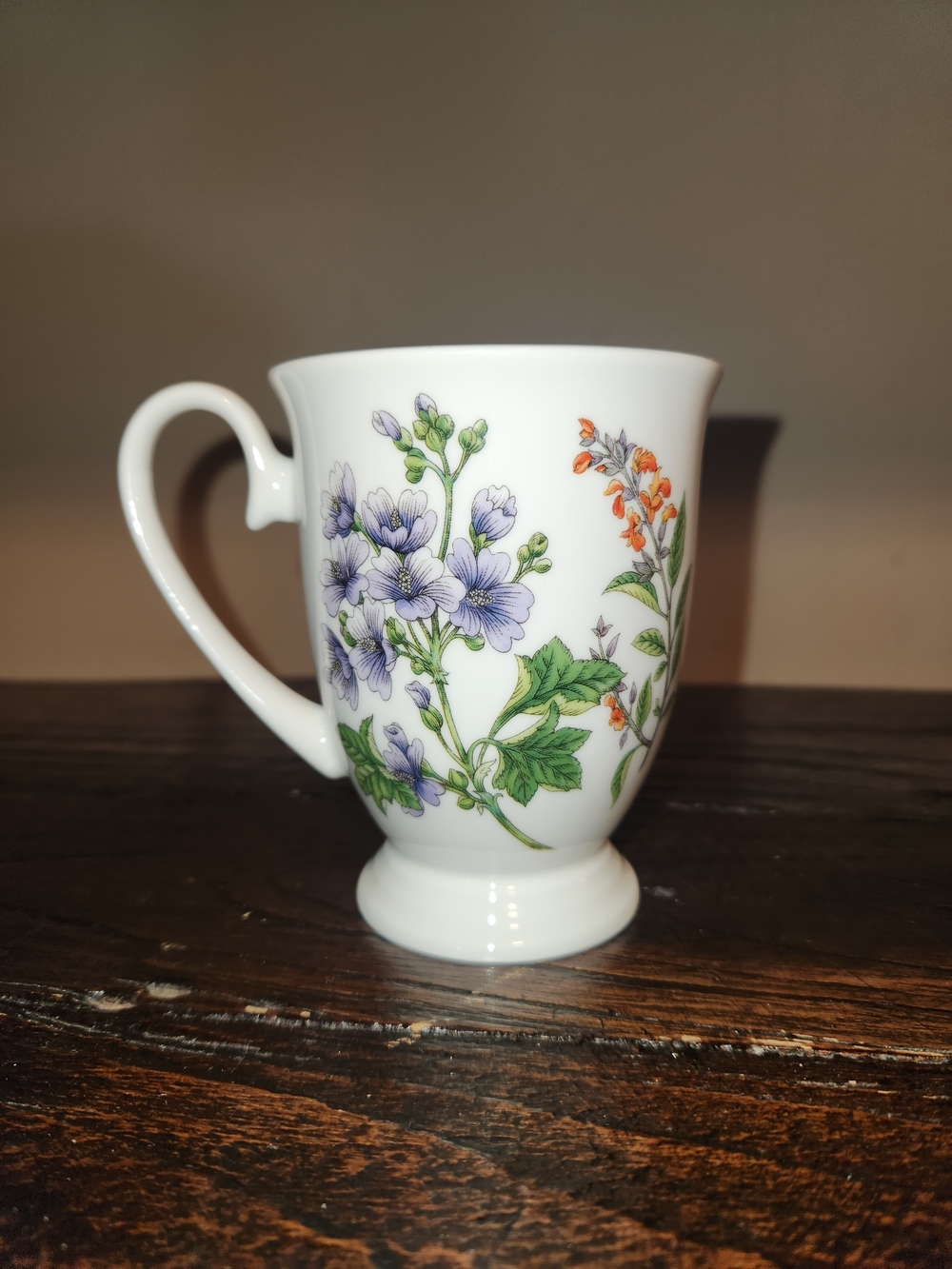 Floral Porcelain Mug in White with Purple and Orange Blooms
